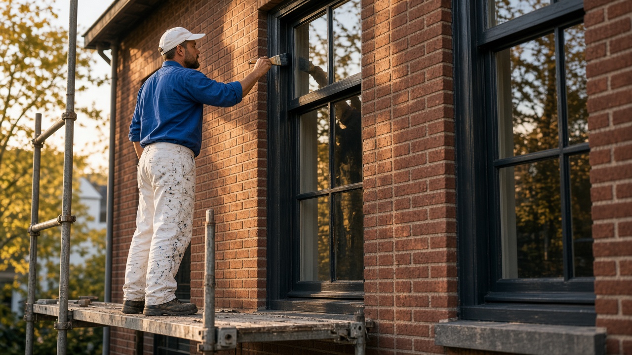 Schilder van VON Garant schildert vanaf een steiger de houten kozijnen van een woning